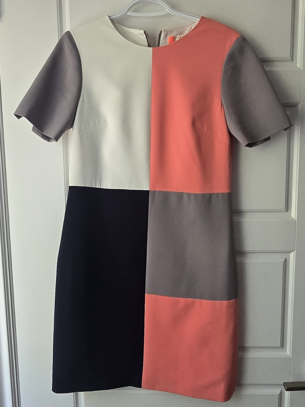 Ted Baker Coral, White, Gray & Black Blocked Mini Dress